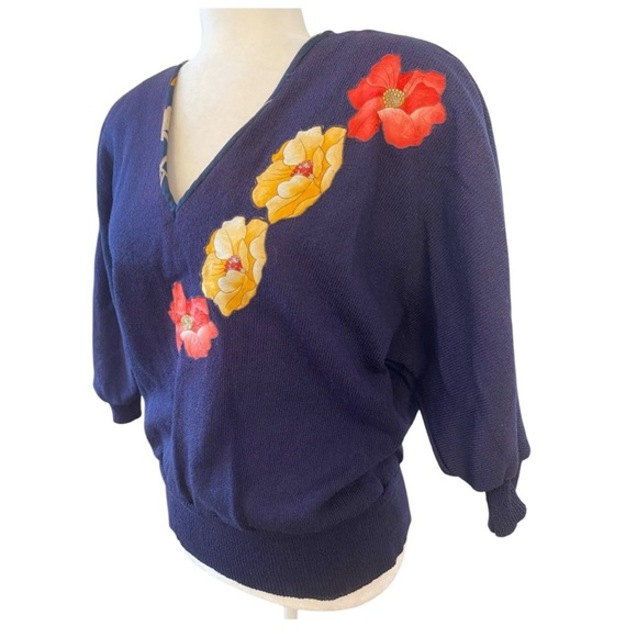 Floral Embroidered Women's Sweater - Navy - Picture 2 of 6